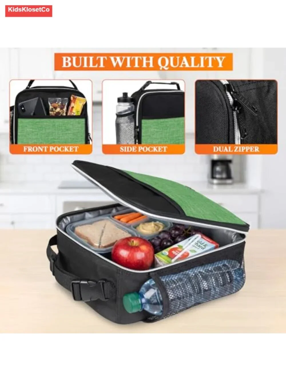 Insulated Lunch Bag with Mesh Pockets, Compact Reusable Lunch Box for School,